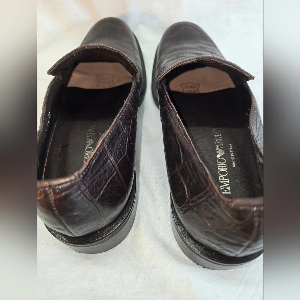 Emporio Armani Men's 38 Brown Croc   Embossed Leather Loafers Shoes
